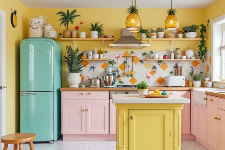 Transforme sua cozinha com a tendência kitsch: use cores vibrantes, estampas divertidas e objetos retrô para criar um ambiente incrível!